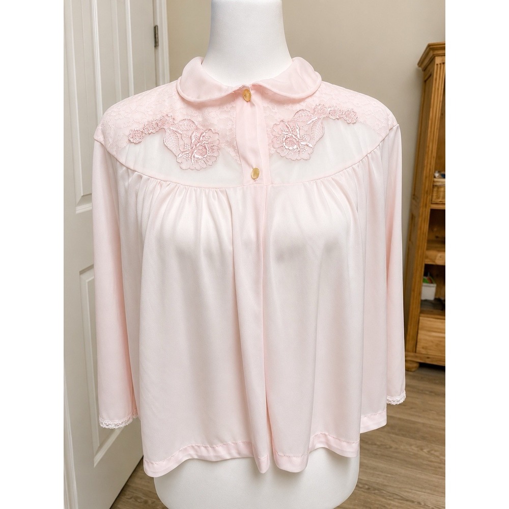 VTG Gaymode Womens Bed Jacket Med Light Pink Pleated Lace 50s